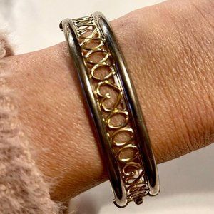 Solid 14k Yellow Gold Bangle Bracelet Framed in Sterling Silver - Love & Hugs